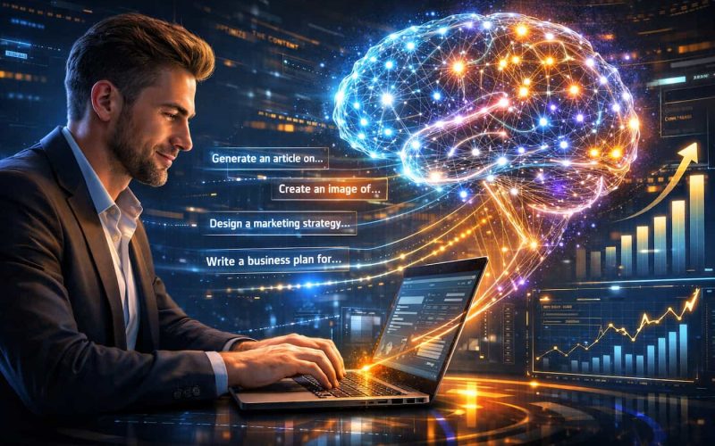 A man types on a laptop, surrounded by digital charts and a glowing brain illustration, symbolizing AI. Text labels AI capabilities. Tone is futuristic.