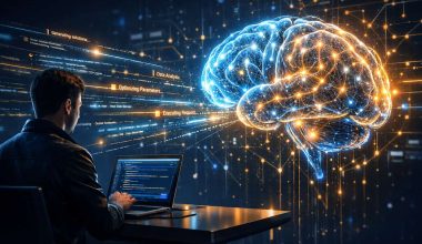 A person sits at a desk using a laptop, viewing code. A glowing, digital brain made of light connections appears in front, symbolizing technology and AI.