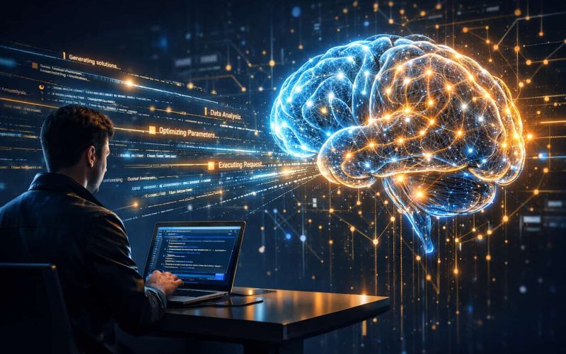 A person sits at a desk using a laptop, viewing code. A glowing, digital brain made of light connections appears in front, symbolizing technology and AI.