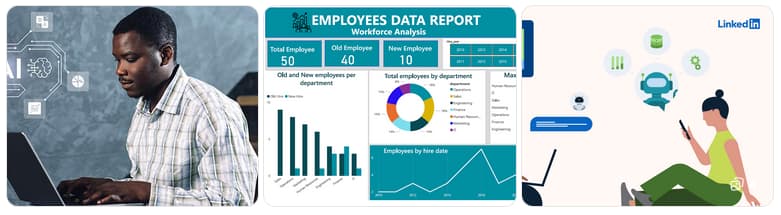 A man works on a laptop, next to an employee data report with charts. On the right, an illustration shows a woman using a phone with digital icons above.