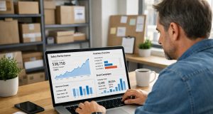 How a Small Business Can Leverage AI to Lower Costs and Scale in 2026 A man in a casual shirt analyzes sales performance graphs on a laptop in an office. The workspace is organized and focused, with charts showing upward trends.