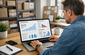 How a Small Business Can Leverage AI to Lower Costs and Scale in 2026 A man in a casual shirt analyzes sales performance graphs on a laptop in an office. The workspace is organized and focused, with charts showing upward trends.