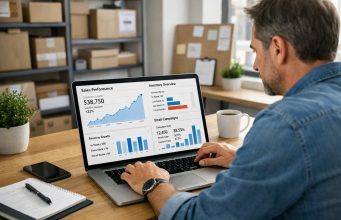 How a Small Business Can Leverage AI to Lower Costs and Scale in 2026 A man in a casual shirt analyzes sales performance graphs on a laptop in an office. The workspace is organized and focused, with charts showing upward trends.