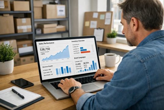 How a Small Business Can Leverage AI to Lower Costs and Scale in 2026 A man in a casual shirt analyzes sales performance graphs on a laptop in an office. The workspace is organized and focused, with charts showing upward trends.