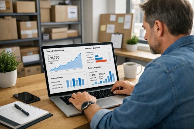 A man in a casual shirt analyzes sales performance graphs on a laptop in an office. The workspace is organized and focused, with charts showing upward trends.