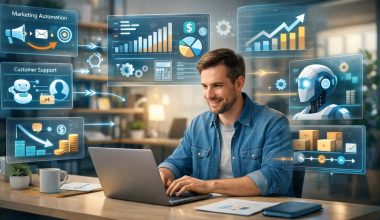 Smiling man at a laptop surrounded by digital charts, robot and icons of marketing automation and customer support, highlighting technology integration.