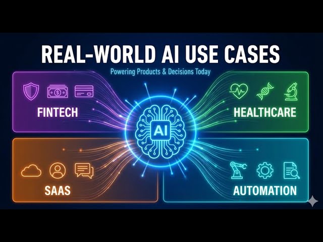 "Infographic titled 'Real-World AI Use Cases' with a central AI brain icon. Four categories branch out: Fintech, Healthcare, SaaS, and Automation, each with relevant icons. Bright, colorful lines connect them, symbolizing integration and innovation."