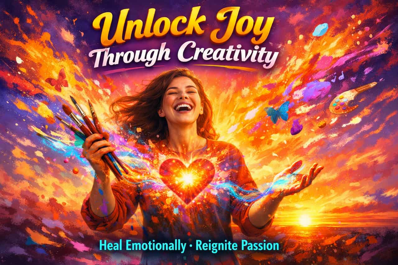 Creative Rejuvenation: 25 Outlets to Elevate Your Wellbeing A joyful woman, holding paintbrushes, stands with a glowing heart on her chest. Vibrant colors and artistic elements surround her, symbolizing creativity. Text reads, "Unlock Joy Through Creativity. Heal Emotionally · Reignite Passion."