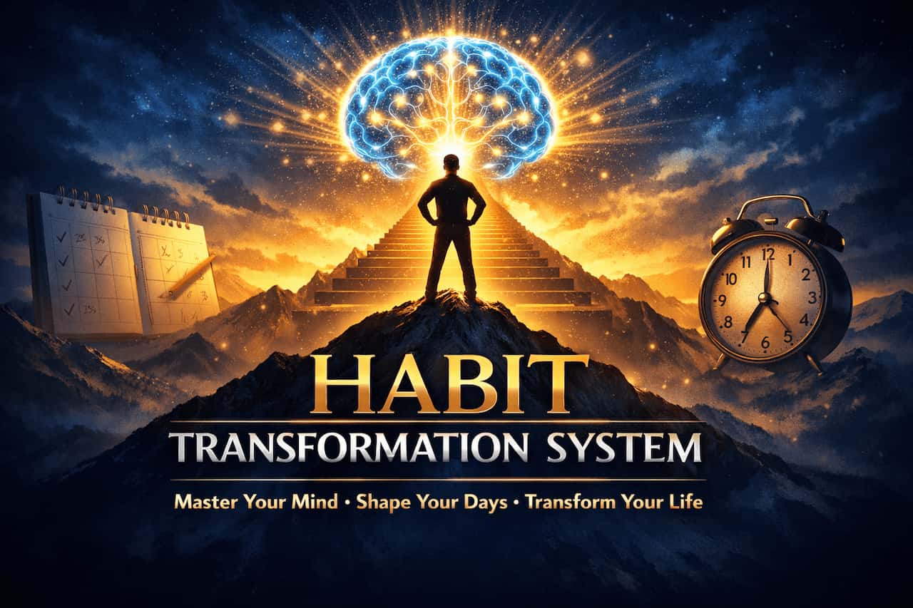 The Habit Transformation System Silhouette of a person stands atop a mountain, leading to a glowing brain. A calendar and clock flank the scene. Text reads "Habit Transformation System."