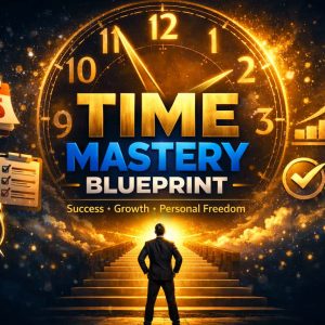A person stands confidently facing a glowing staircase, leading to a giant clock. Emblems of productivity, growth, and success surround "Time Mastery Blueprint."