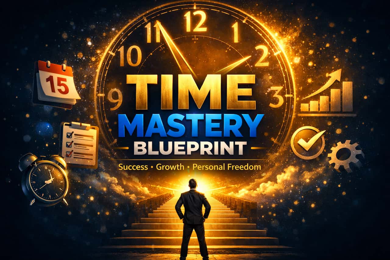 The Ultimate Time Mastery Blueprint A person stands confidently facing a glowing staircase, leading to a giant clock. Emblems of productivity, growth, and success surround "Time Mastery Blueprint."