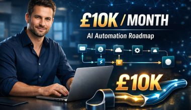 Man in a dark shirt smiles at a laptop. Text reads "£10K/Month AI Automation Roadmap" with icons showing a flowchart. Tone is motivational and professional.