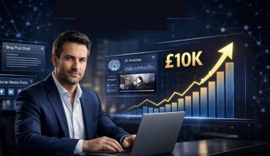A confident man in a suit sits at a laptop. In the background, digital graphics show a rising chart with "£10K" and panels labeled "AI Analysis," conveying success.