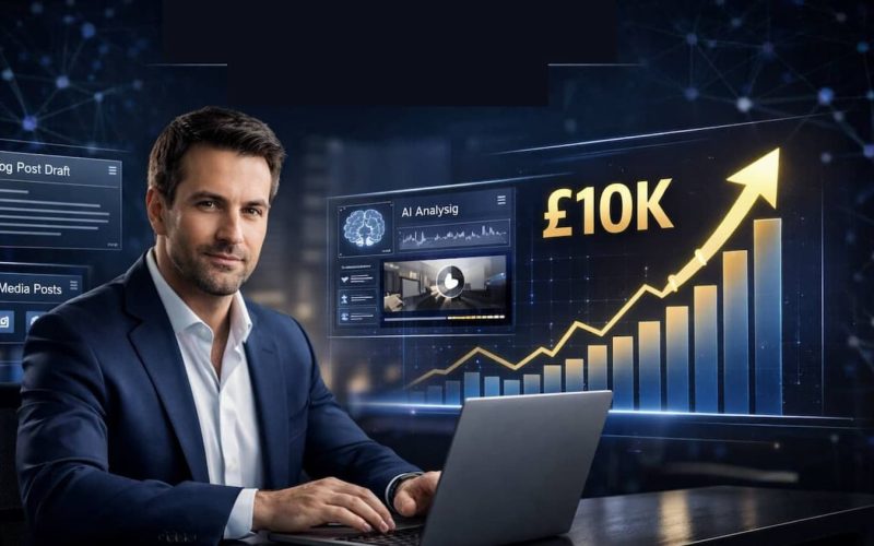 A confident man in a suit sits at a laptop. In the background, digital graphics show a rising chart with "£10K" and panels labeled "AI Analysis," conveying success.