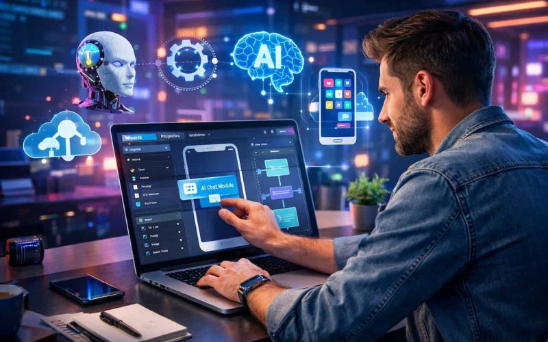 Entrepreneur using no-code AI tools to build apps without programming.