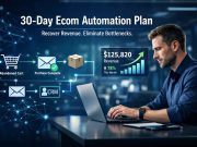 30-Day Execution Plan: AI Automation Business – E-Commerce Niche AI automation specialist building e-commerce workflow systems with digital dashboards showing revenue growth and automated processes.