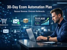 30-Day Execution Plan: AI Automation Business – E-Commerce Niche AI automation specialist building e-commerce workflow systems with digital dashboards showing revenue growth and automated processes.