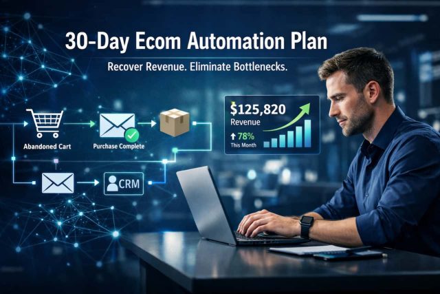 30-day ecom plan AI automation specialist building e-commerce workflow systems with digital dashboards showing revenue growth and automated processes.