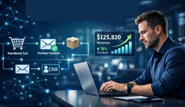 A man in a dark office uses a laptop. Icons of online sales and CRM data visualization float nearby. Screen shows $125,820 revenue, up 78%, conveying success.