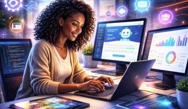 A woman works at a desk with multiple screens displaying graphs, profiles, and notifications. Digital connections and icons suggest networking and communication.