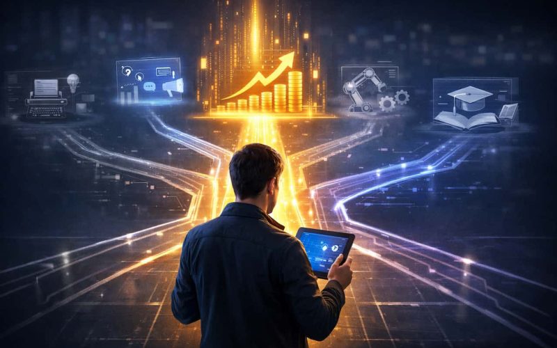 visually compelling thumbnail illustrating the concept of choosing the right niche for an AI online business.