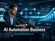 The Complete Guide to Building an AI Process Automation Business Entrepreneur building AI automation workflows with digital dashboards showing streamlined processes and business growth.