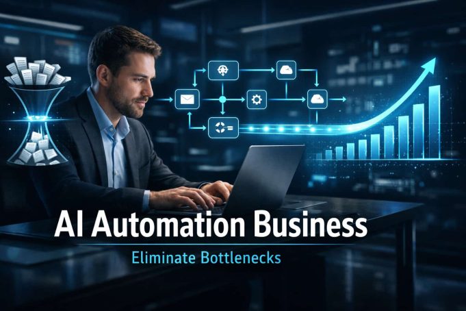 The Complete Guide to Building an AI Process Automation Business Entrepreneur building AI automation workflows with digital dashboards showing streamlined processes and business growth.