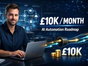 Step-by-step £10k/month roadmap for AI automation specialists AI automation specialist building digital workflow systems with a dashboard showing £10K monthly revenue growth.