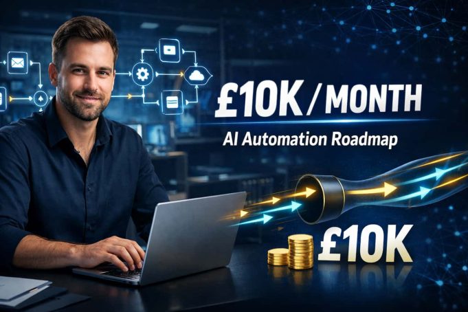 Step-by-step £10k/month roadmap for AI automation specialists AI automation specialist building digital workflow systems with a dashboard showing £10K monthly revenue growth.