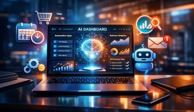 Futuristic laptop displaying AI dashboards and automation apps, small business icons like calendar scheduling, chatbot, analytics graphs floating around the screen