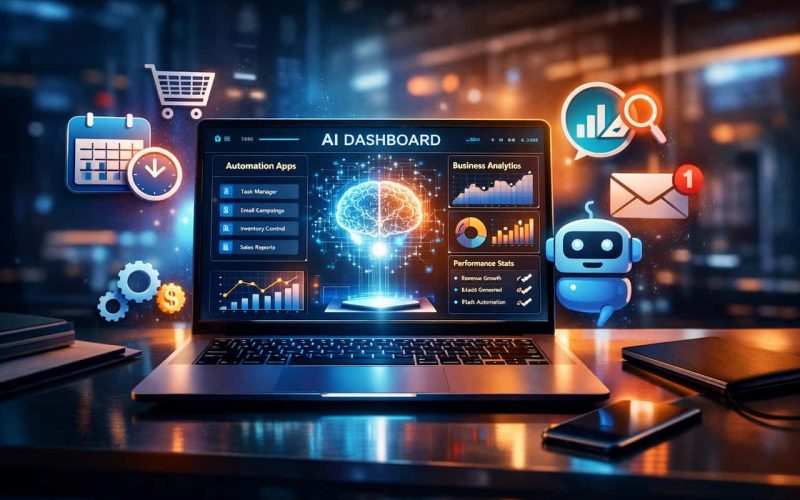 Futuristic laptop displaying AI dashboards and automation apps, small business icons like calendar scheduling, chatbot, analytics graphs floating around the screen