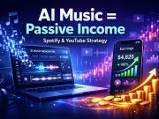 How to Earn Passive Income with AI-Generated Music on Spotify and YouTube Futuristic AI music production setup showing digital streaming income growth from Spotify and YouTube