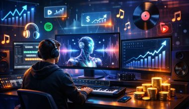 A person in a studio wearing headphones works at a computer with musical and financial graphs on screens. Coins are stacked nearby, with music icons floating above.