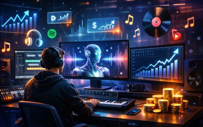 A person in a studio wearing headphones works at a computer with musical and financial graphs on screens. Coins are stacked nearby, with music icons floating above.