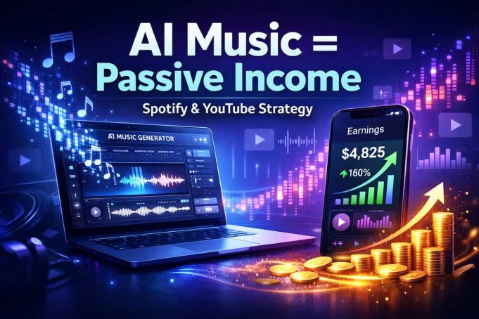 How to Earn Passive Income with AI-Generated Music on Spotify and YouTube Futuristic AI music production setup showing digital streaming income growth from Spotify and YouTube