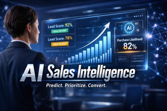 ai-sales AI-powered sales intelligence dashboard showing lead scoring percentages, high-intent prospect indicators, and predictive analytics increasing conversion rates.