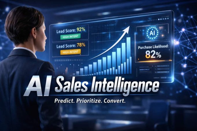 AI-Powered Sales Intelligence: The Skill That Turns “Cold Outreach” Into Precision Revenue AI-powered sales intelligence dashboard showing lead scoring percentages, high-intent prospect indicators, and predictive analytics increasing conversion rates.