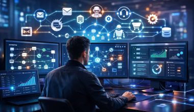A person is working at a desk with multiple computer screens displaying data charts and network diagrams, illuminated icons symbolizing technology connections above.