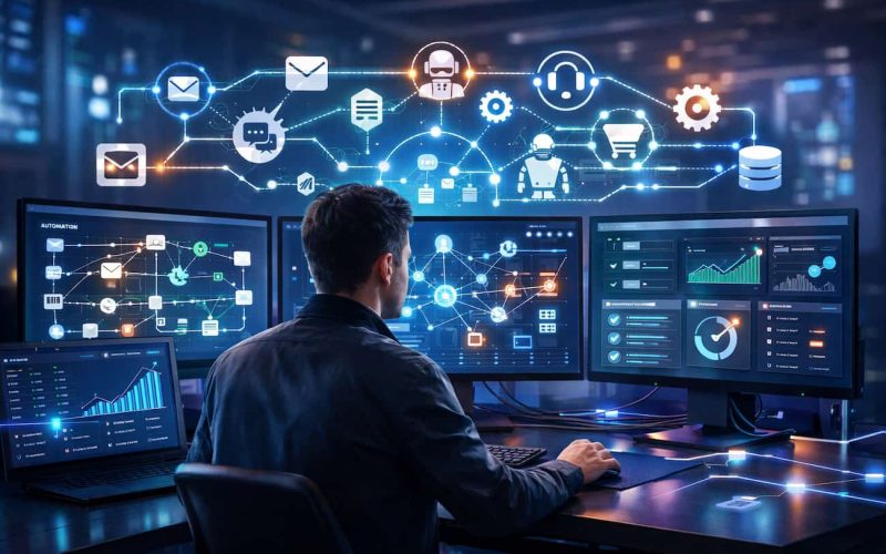 A person is working at a desk with multiple computer screens displaying data charts and network diagrams, illuminated icons symbolizing technology connections above.