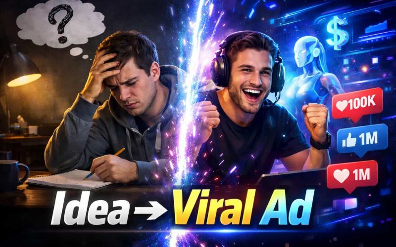 Split image: Left, a frustrated man with a question mark above his head. Right, a joyful man with headphones, celebrating social media success. Text reads "Idea ➔ Viral Ad."