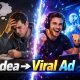 Split image: Left, a frustrated man with a question mark above his head. Right, a joyful man with headphones, celebrating social media success. Text reads "Idea ➔ Viral Ad."