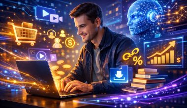 a modern entrepreneur working on a laptop while surrounded by futuristic AI-powered elements symbolizing digital business growth.
