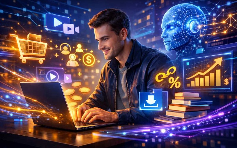 a modern entrepreneur working on a laptop while surrounded by futuristic AI-powered elements symbolizing digital business growth.