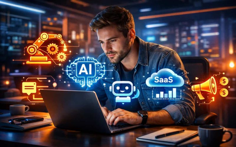 Entrepreneur exploring AI business ideas and side hustles using artificial intelligence tools.