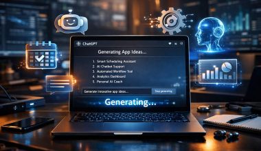 Laptop displaying ChatGPT interface generating app ideas, floating icons representing scheduling apps, chatbots, automation tools, analytics dashboards, futuristic AI interface