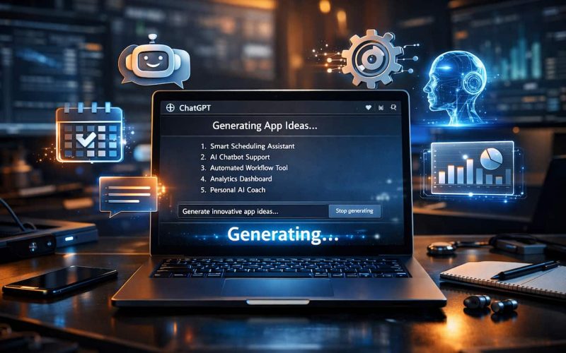 Laptop displaying ChatGPT interface generating app ideas, floating icons representing scheduling apps, chatbots, automation tools, analytics dashboards, futuristic AI interface