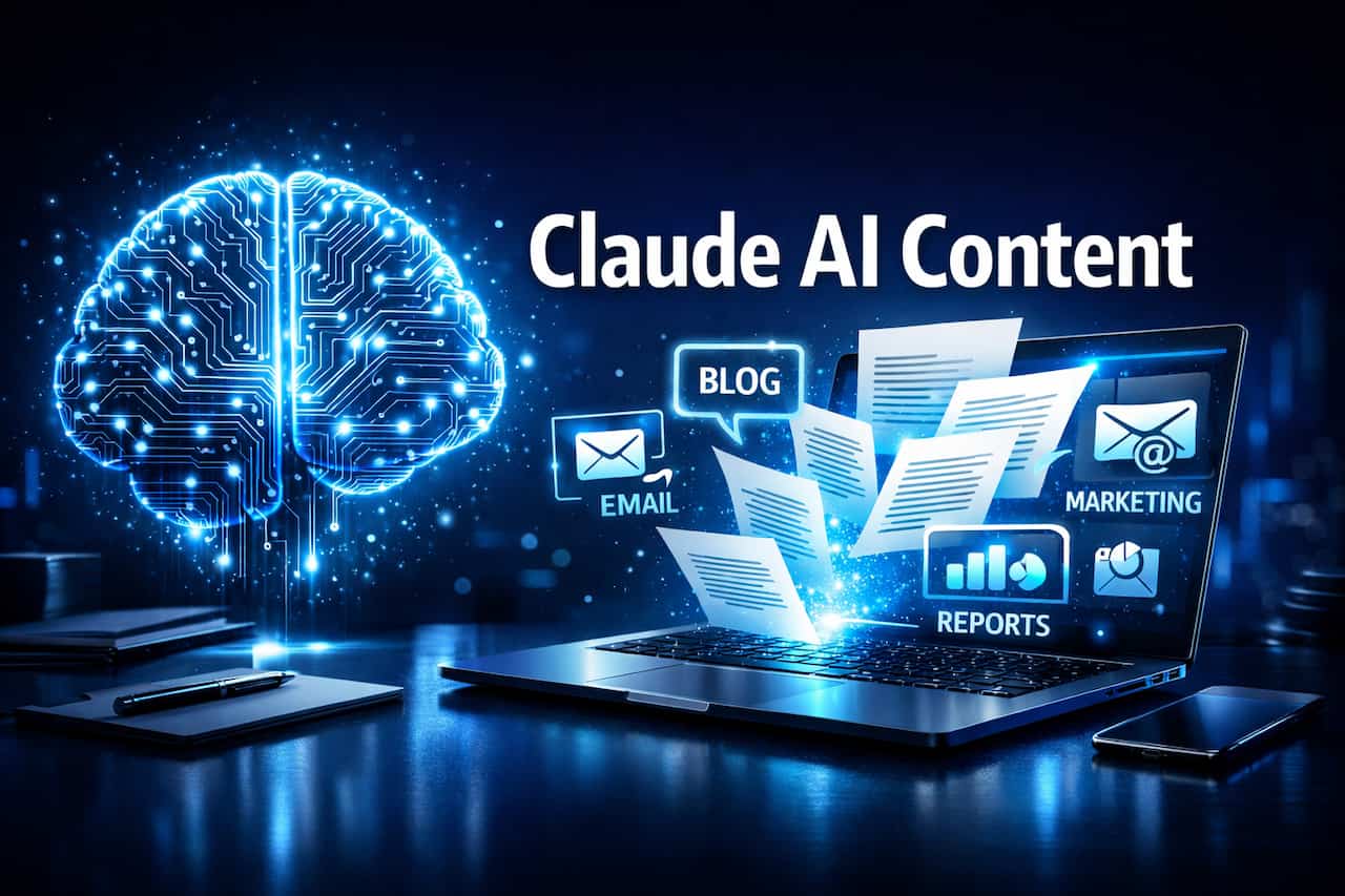 Claude AI Mastery System: Think Smarter, Create Better, Work Faster A glowing digital brain on the left symbolizes AI, with a laptop on the right displaying icons labeled blog, email, marketing, and reports. Text reads "Claude AI Content." Dark blue tech theme.