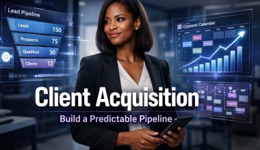 Businesswoman with tablet stands confidently in office. "Client Acquisition" text overlays. Digital graphs and lead pipeline metrics surround her.