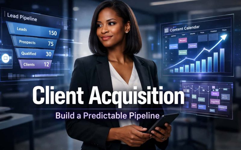 Businesswoman with tablet stands confidently in office. "Client Acquisition" text overlays. Digital graphs and lead pipeline metrics surround her.