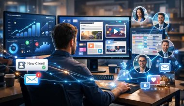 A man works at a desk with multiple screens displaying graphs, profiles, and notifications. Digital connections and icons suggest networking and communication.